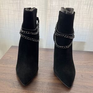 G.I.L.I. Black Suede Pointed Toe Ankle Boots with Chain Trim